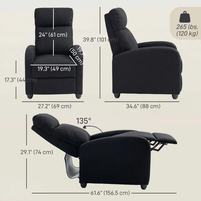 HOMCOM Fabric Recliner Chair, Manual Home Theater Seating, Single Reclining Sofa Chair with Padded Seat for Living Room, Black