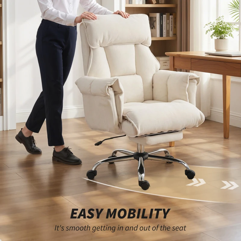 HOMCOM Executive Office Chair, Reclining Computer Chair with Footrest, High Back, Headrest, Adjustable Height, Cream White