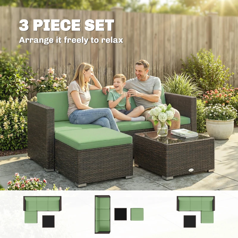 Outsunny 3 Pieces Patio Furniture Set with Cushions, Outdoor PE Rattan Wicker Conversation Corner Sofa Set, Light Green