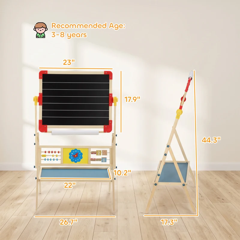 Qaba Art Easel for Kids, 360° Rotating Double Sided Kids Easel with Magnetic Whiteboard, Chalkboard, Storage Box, Natural
