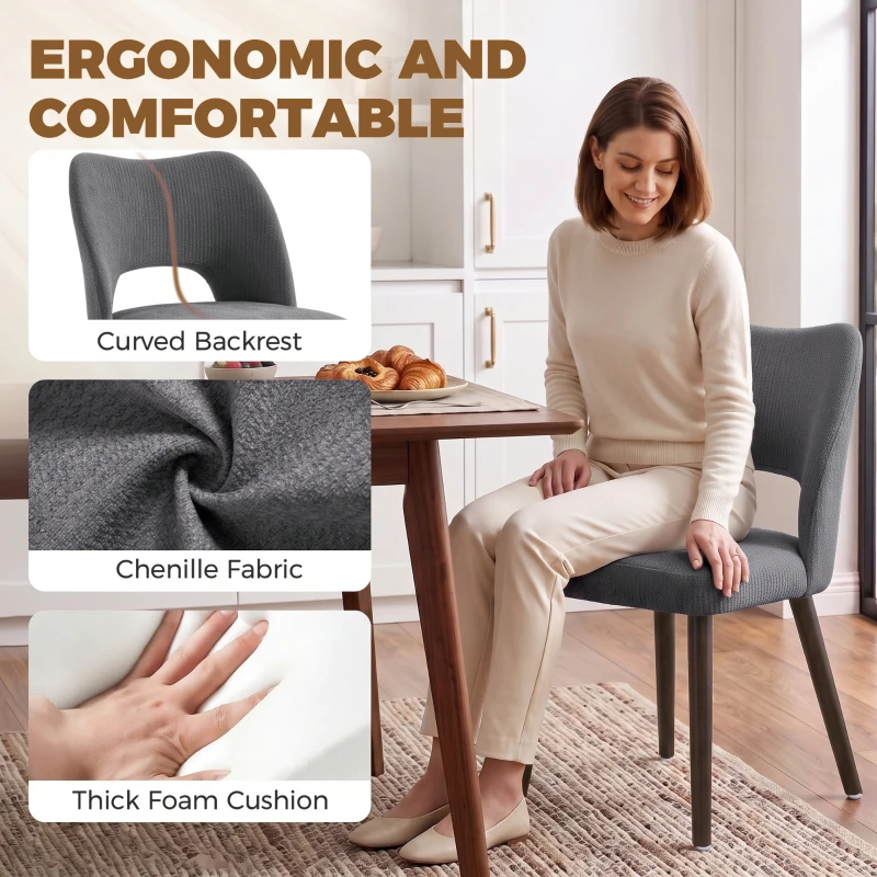 HOMCOM Dining Chairs Set Upholstered Kitchen Chenille Tool Free Assembly Rubberwood Legs, Dark Grey