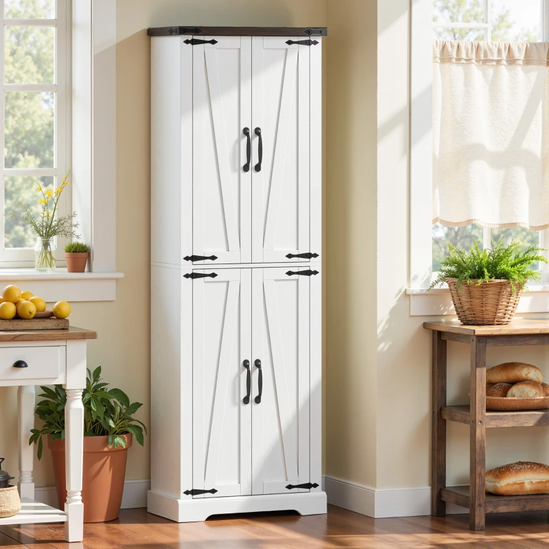 HOMCOM 72" Tall Pantry Cabinet, Farmhouse Freestanding Kitchen Storage Cabinet with Adjustable Shelves for Dining Room, White