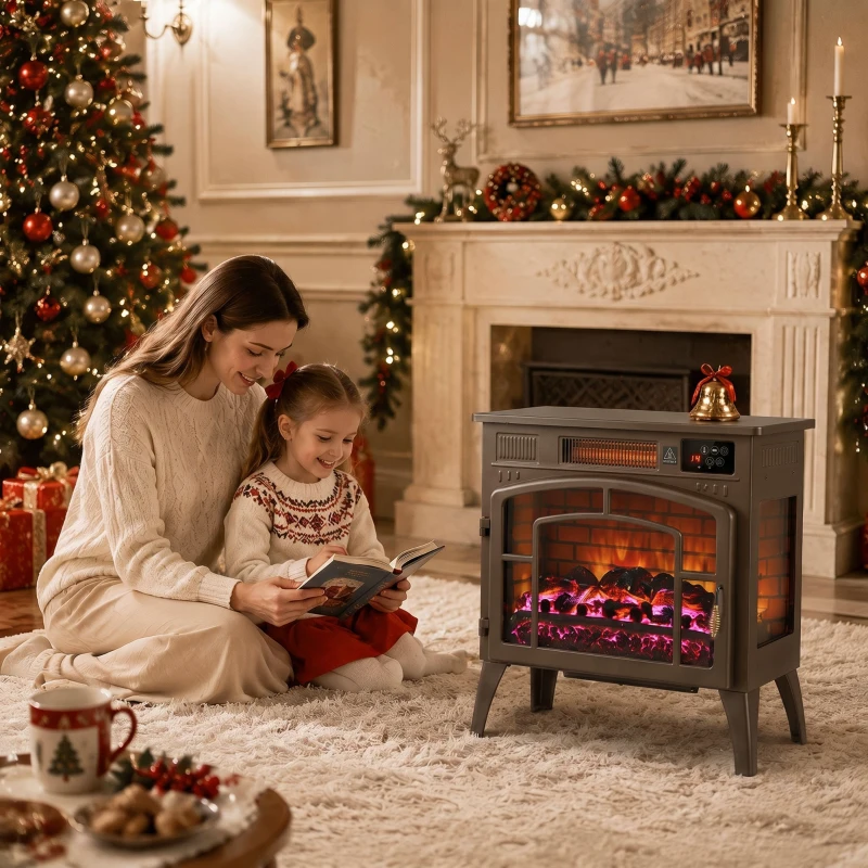 HOMCOM 3-Sided Glass WiFi Electric Fire Heater, Smart Electric Fireplace Stove, Brown