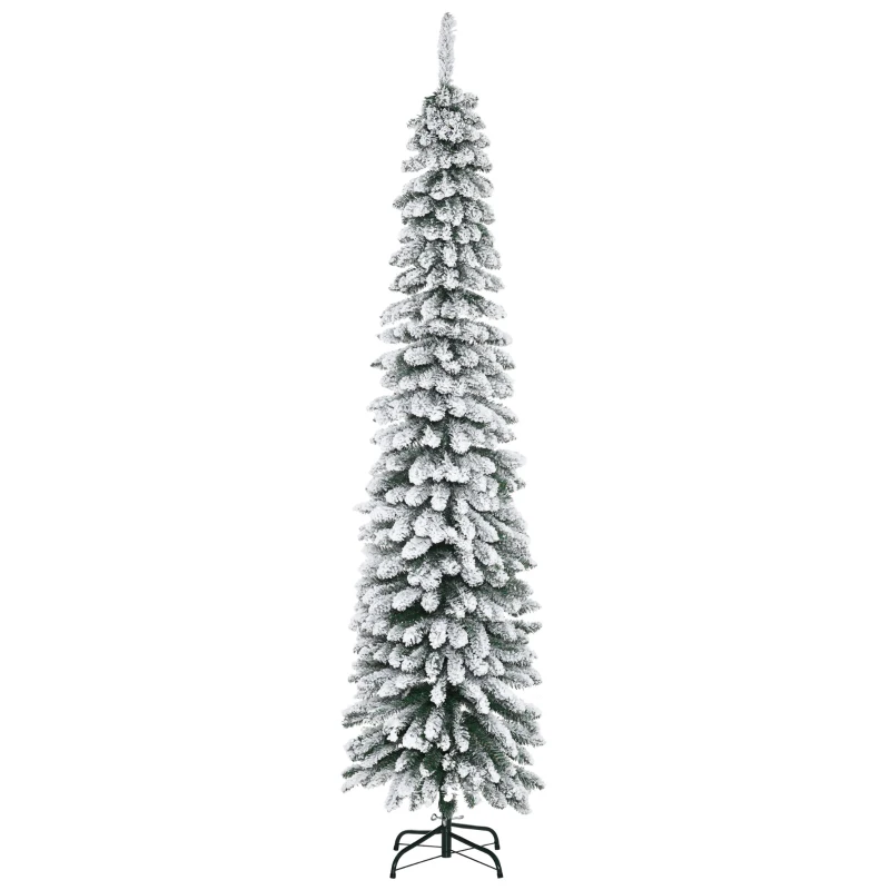 HOMCOM 7' Tall Unlit Slim Pencil Xmas Tree, Snow-Flocked Artificial Christmas Tree with Realistic Branches and 603 Tips, Green