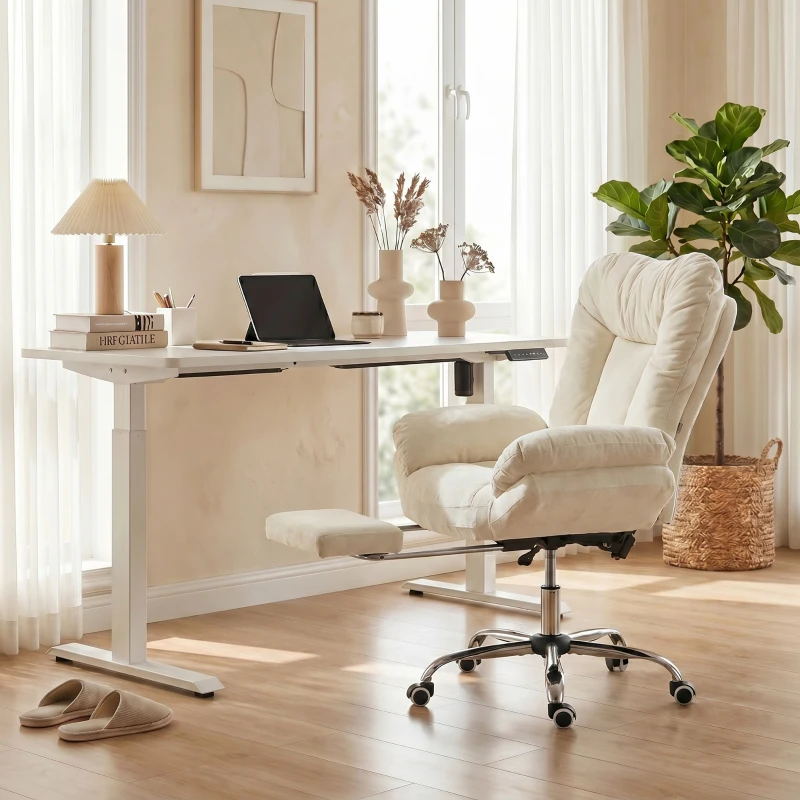 HOMCOM Criss Cross Chair with Wheels, Waterfall Armrests, Overstuffed Wide Office Chair with Footrest, Beige