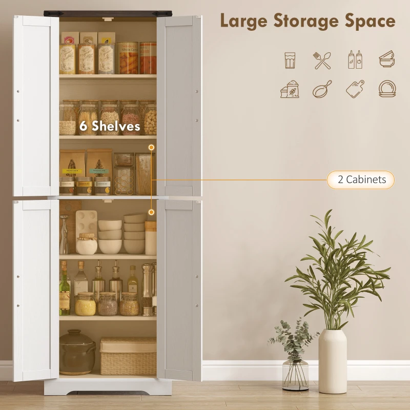HOMCOM 72" Tall Pantry Cabinet, Farmhouse Freestanding Kitchen Storage Cabinet with Adjustable Shelves for Dining Room, White