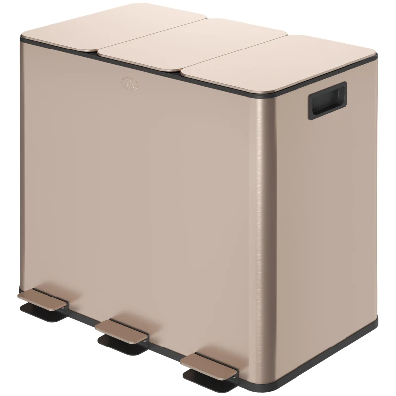 HOMCOM Garbage Bin, Soft-Close Trash Can with Foot Pedal, 3x4 Gallon (3x15 L) Garbage Can with Removable Inner Buckets, Gold