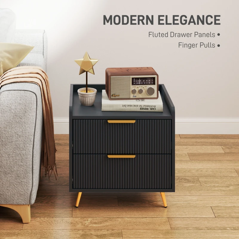 HOMCOM Bedside Table, Nightstand with 2 Drawers, Side End Table with Metal Legs for Bedroom, Black