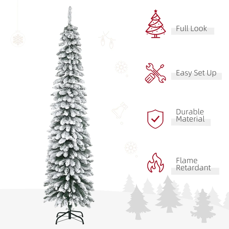 HOMCOM 7' Tall Unlit Slim Pencil Xmas Tree, Snow-Flocked Artificial Christmas Tree with Realistic Branches and 603 Tips, Green