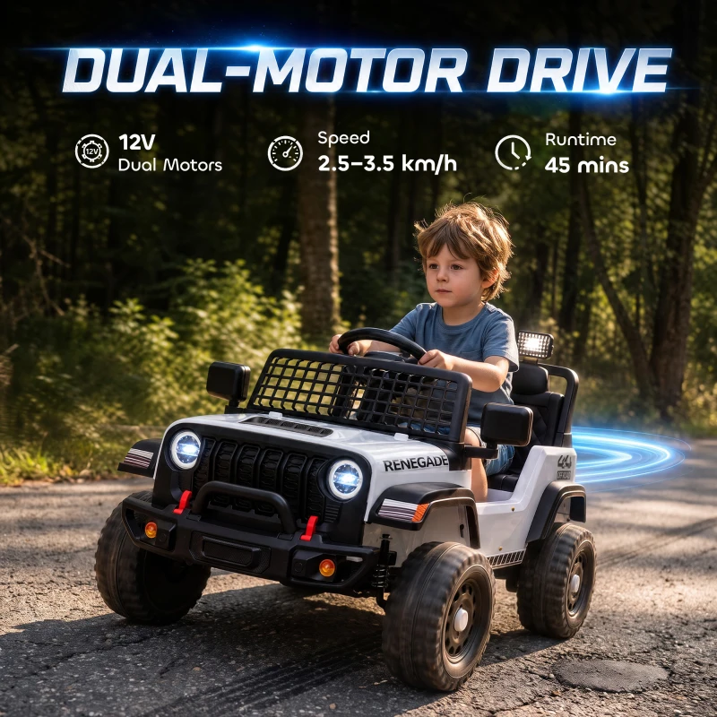 Qaba 12V Ride on Truck Car with Remote, Soft Start, 4-Wheel Suspension, Safety Belt, Lights, USB Music for Ages 2-4, White