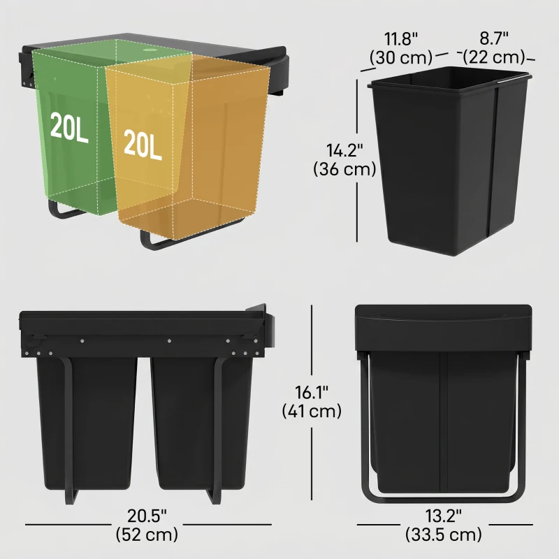 HOMCOM Pull Out Trash Can Under Cabinet, 10.6 Gallon (40L) Slide Out Garbage Can with 2 Removable Compartments, Black