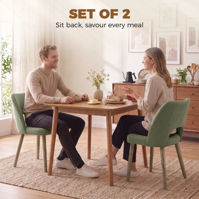 HOMCOM Dining Chairs Set Upholstered Kitchen Chenille Tool Free Assembly Rubberwood Legs, Green