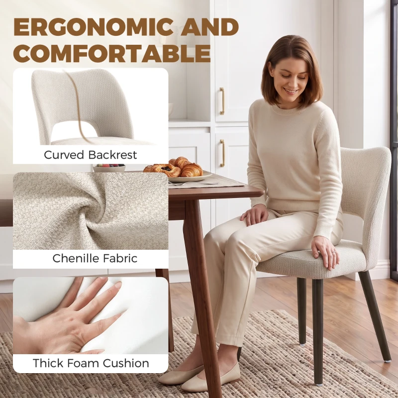 HOMCOM Dining Chairs Set Upholstered Kitchen Chenille Tool Free Assembly Rubberwood Legs, Cream White