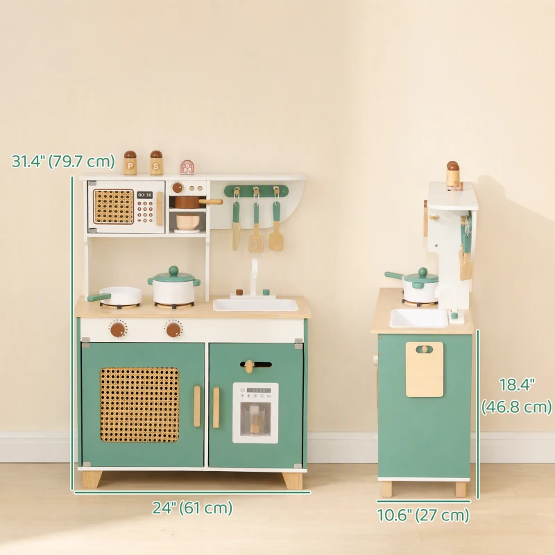 Qaba Wooden Play Kitchen Set with Microwave, Coffee Machine, Ice Maker & 19PCs Accessories, Gift for Ages 3-6 Years, Green