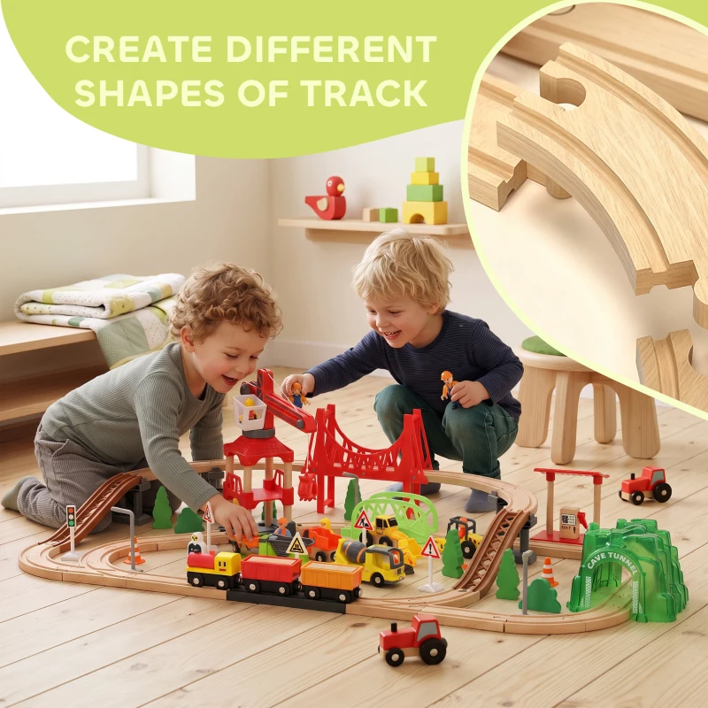 Qaba 91-Piece Wooden Train Set, Toy Railway Set with Magnetic Crane, Sound Effects Track, for Kids Ages 3+