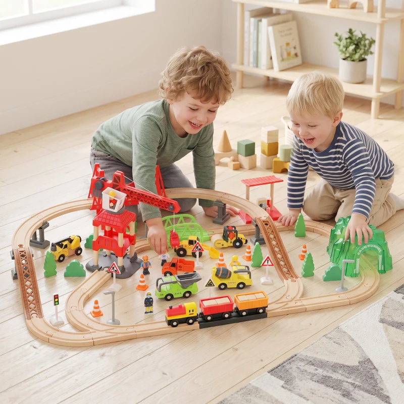 Qaba 91-Piece Wooden Train Set, Toy Railway Set with Magnetic Crane, Sound Effects Track, for Kids Ages 3+