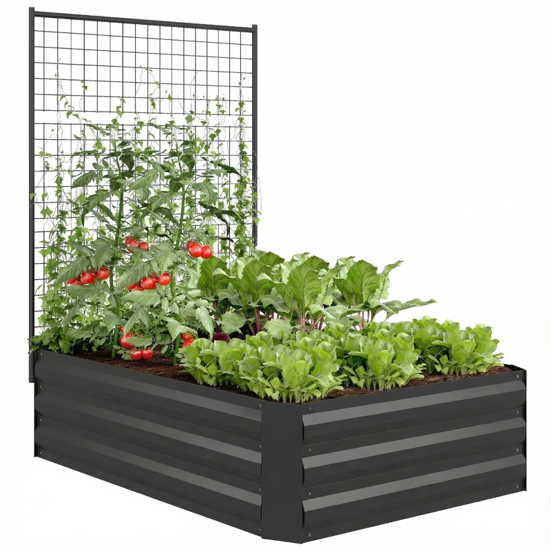 Outsunny Galvanized Raised Garden Bed with Trellis for Climbing Plants, Outdoor Planter Box with Open Bottom, Black