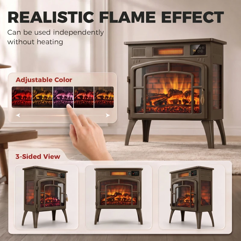 HOMCOM 3-Sided Glass WiFi Electric Fire Heater, Smart Electric Fireplace Stove, Brown