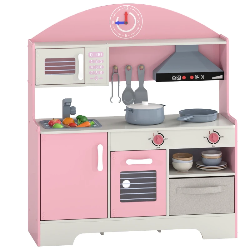 Qaba Wooden Play Kitchen Set for Kids with Real Lights & Sounds, 5PCs Accessories, Gift for Boys & Girls, Ages 3-6, Pink