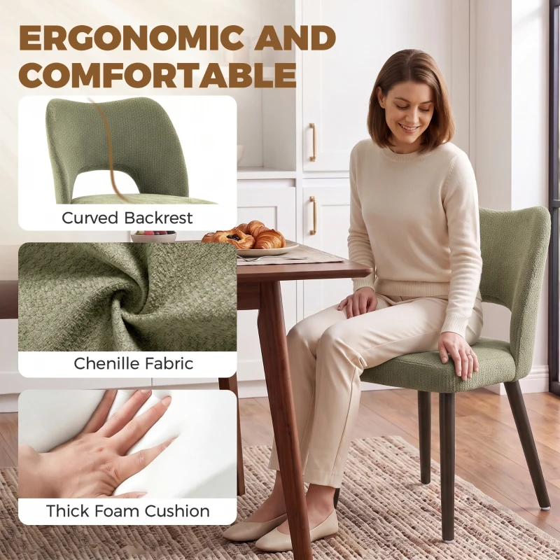 HOMCOM Dining Chairs Set Upholstered Kitchen Chenille Tool Free Assembly Rubberwood Legs, Green