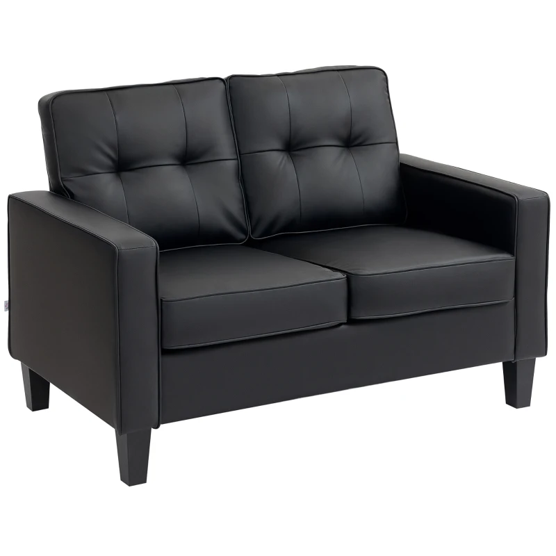 HOMCOM 51" Double Sofa Couch, Upholstered PU Leather Loveseat with Armrests, Tufted Backrest, Cushion, Black