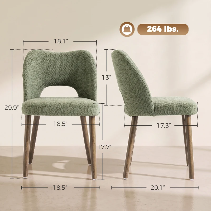 HOMCOM Dining Chairs Set Upholstered Kitchen Chenille Tool Free Assembly Rubberwood Legs, Green