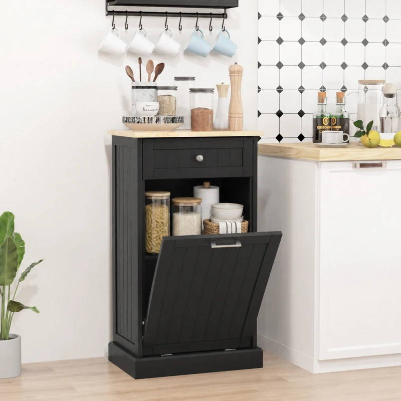 HOMCOM 10 Gallon Tilt Out Trash Cabinet, Wooden Hidden Trash Can with Storage Drawer for Kitchen, Laundry Hamper Cabinet for Bathroom, Black