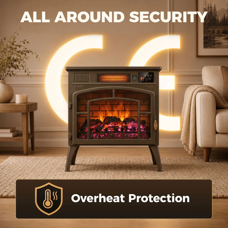 HOMCOM 3-Sided Glass WiFi Electric Fire Heater, Smart Electric Fireplace Stove, Brown