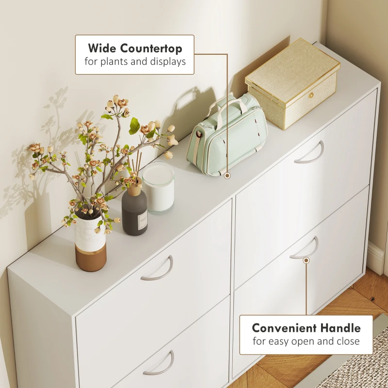 HOMCOM Flip Down Shoe Rack, Multi Cabinet, Wooden Shoe Shelf, Entryway, 4 Drawer Organizer, Freestanding Unit, White