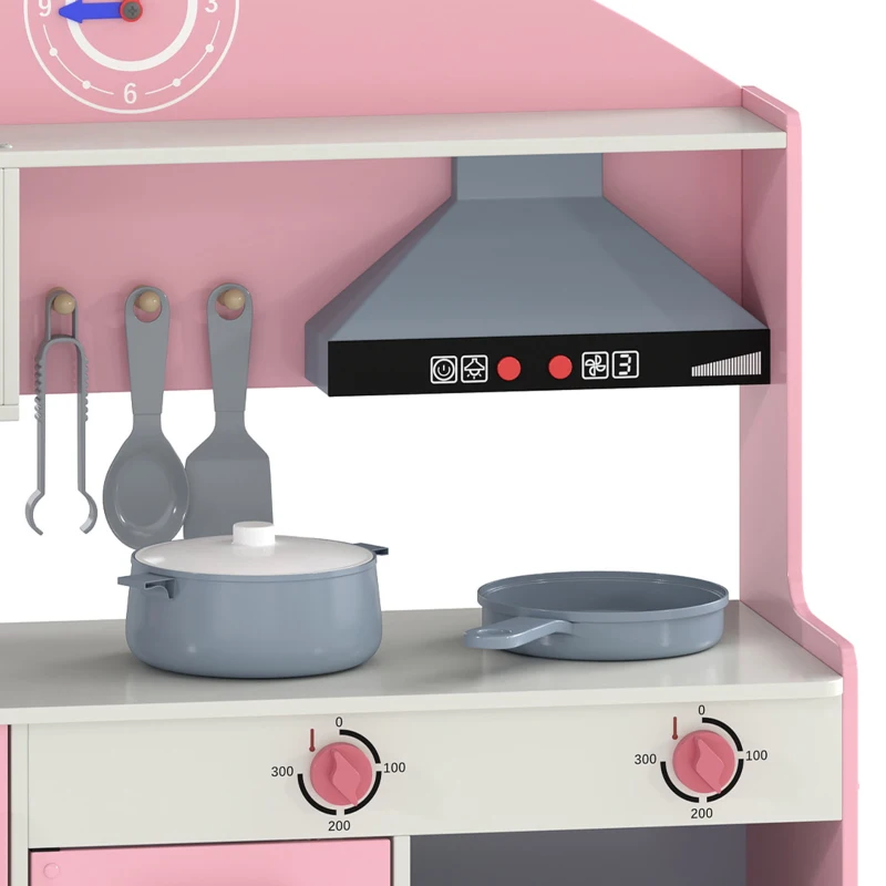 Qaba Wooden Play Kitchen Set for Kids with Real Lights & Sounds, 5PCs Accessories, Gift for Boys & Girls, Ages 3-6, Pink