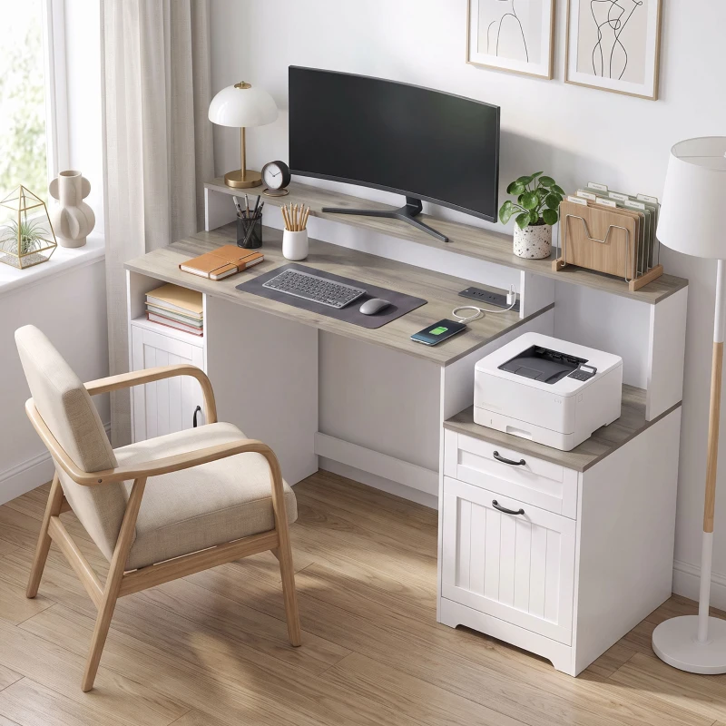 HOMCOM Computer Desk with Power Outlets Office Desk 1 Cabinet File Drawer Grey Brown White