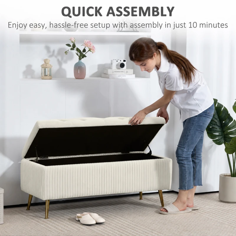 HOMCOM Storage Ottoman Bench, 43 Inch Large Storage Chest with Steel Legs and Padded Seat, Foot Rest, Load 485 lbs, Beige