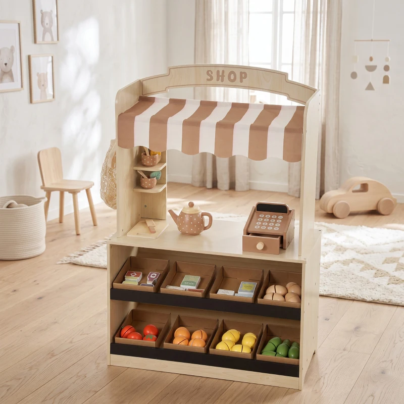 Qaba Wooden Grocery Store Playset Pretend Play with Play Food, Cash Register, Chalkboard, 61 Accessories for Boys & Girls 3-8