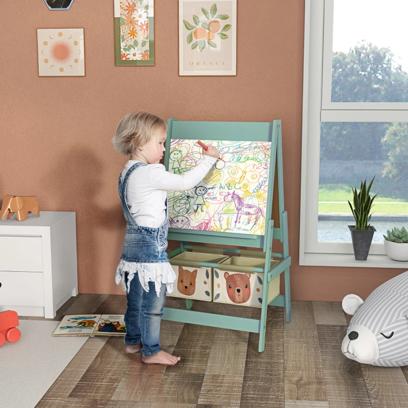 Qaba Art Easel for Kids with Paper Roll, Blackboard, Whiteboard, Storage