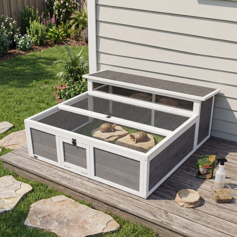 PawHut Tortoise Habitat Openable Top Wooden Tortoise Enclosure Run Area and Clear Window Dark Gray