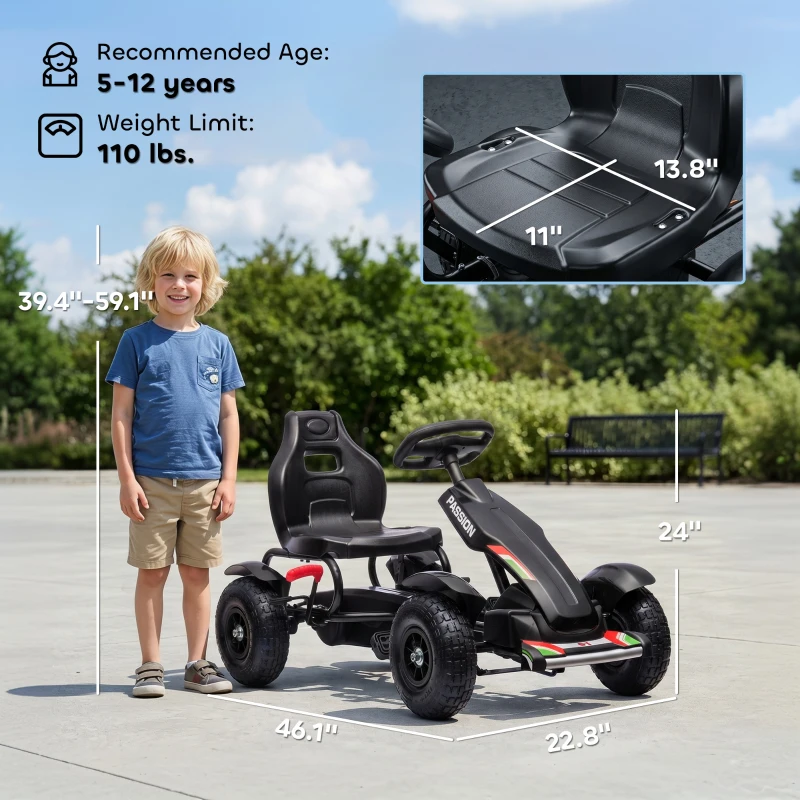 Aosom Kids Pedal Go Kart, Outdoor Ride on Toys with Adjustable Seat, Sharp Handling, Handbrake, 4 Non-Slip Rubber Wheels for Boys & Girls Aged 5-12 Years Old, Black