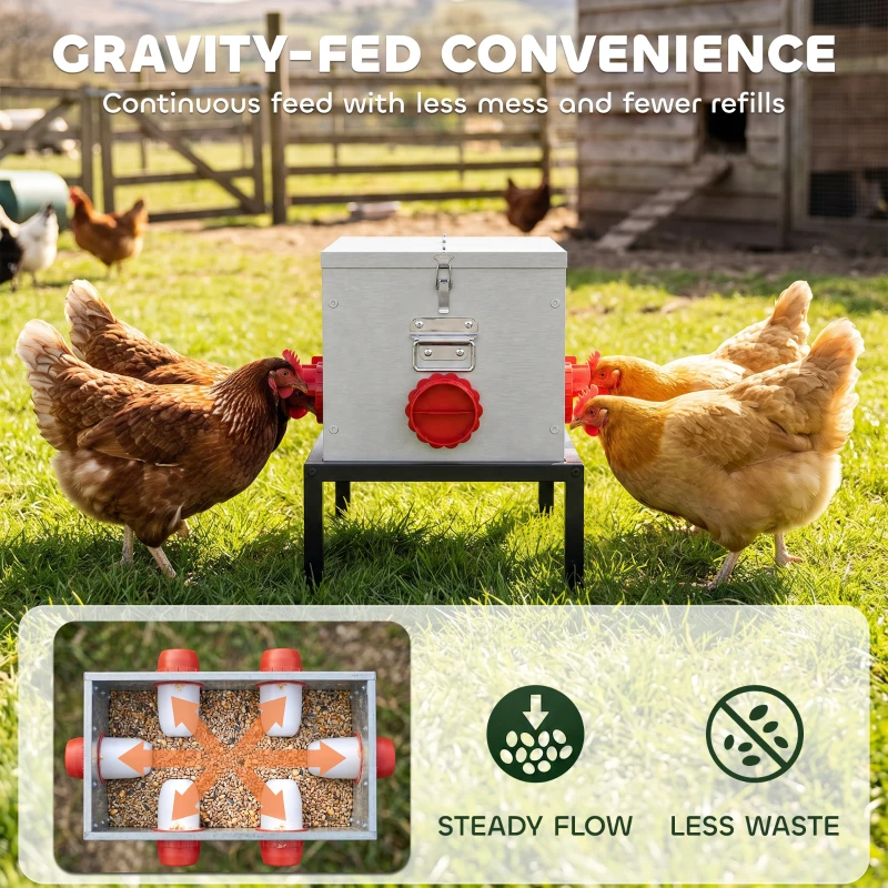 PawHut 35LB Automatic Chicken Feeder, Metal Poultry Feeder w/ 6 No-Waste Ports & Lid, Rat Proof, Weatherproof Design and Stand