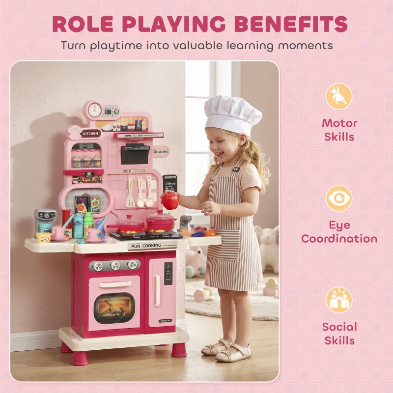 Qaba Kids Kitchen Playset, Play Kitchen with Lights, Sounds, Circulating Water Sink, Storage, 33 PCS for 3-6 Years, Pink