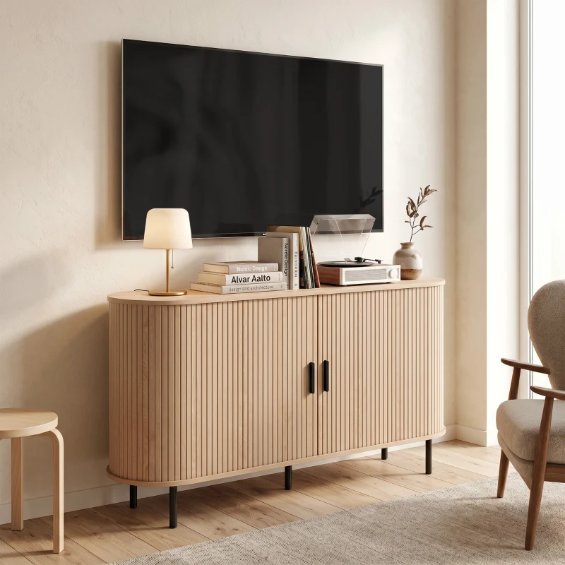 HOMCOM Fluted Sideboard Buffet Cabinet, 55" Mid Century Coffee Bar Cabinet with Sliding Doors and Adjustable Shelves, Natural