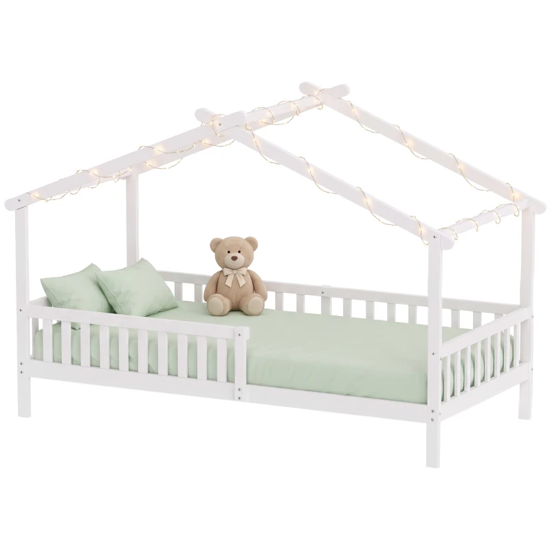 Qaba Twin Bed Frame, Solid Wood Montessori House Bed with Roof, Safety Guardrail for Girls Boys, No Box Spring Needed, White