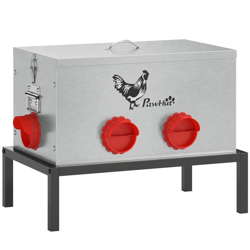 PawHut 35LB Automatic Chicken Feeder, Metal Poultry Feeder w/ 6 No-Waste Ports & Lid, Rat Proof, Weatherproof Design and Stand