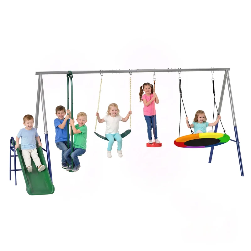 Qaba 5-in-1 Kids Swing Set with Slide, Swings and Glider for Backyard, 770lbs Capacity, for Ages 3-8, Mixed Color