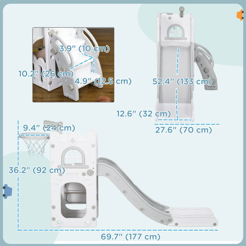 Qaba 5 in 1 Toddler Slide with Basketball Hoop, Climber, Telescope, Storage Basket, for 1-3 Years Kids Indoor Use, Grey