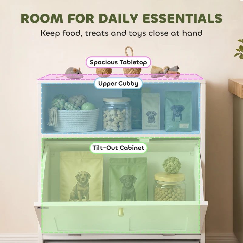 PawHut Dog Feeding Station, Dog Food Storage Cabinet with 2 Elevated Bowls, Tilt-Out Cabinet and Storage Shelf, White