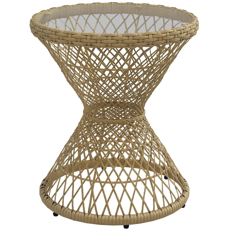 Outsunny Wicker Outdoor Coffee Table, 18" Round Drum-Style Outdoor Patio Table with Tempered Glass Top, Light Brown