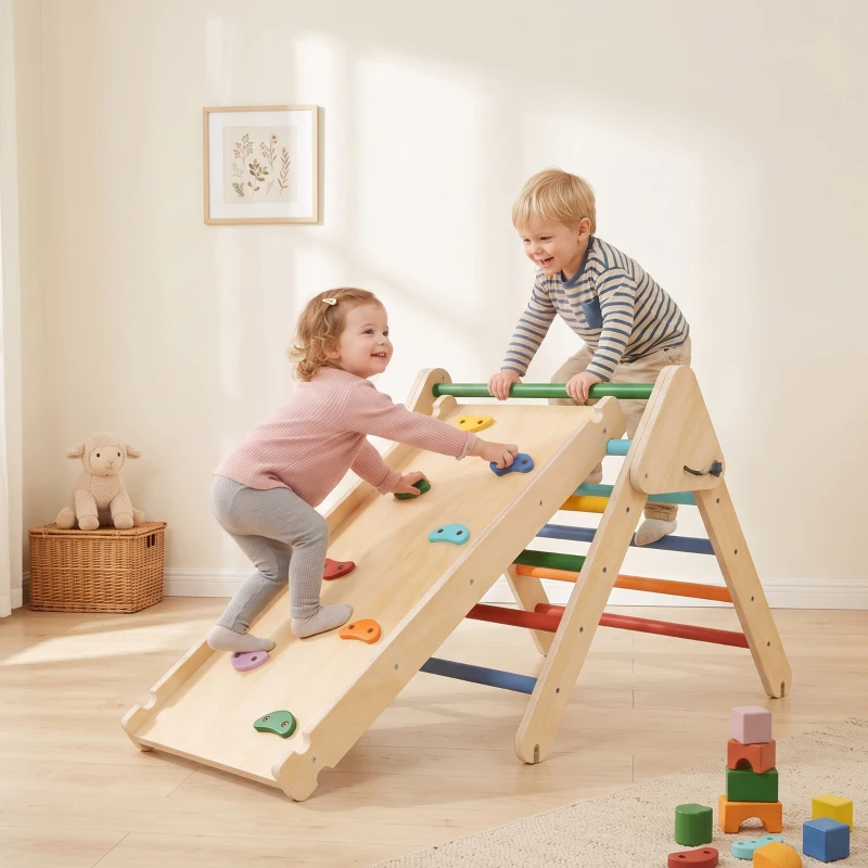 Qaba Pikler Triangle Set, 3 in 1 Climbing Toys with Ramp for Toddlers, Nature Wood