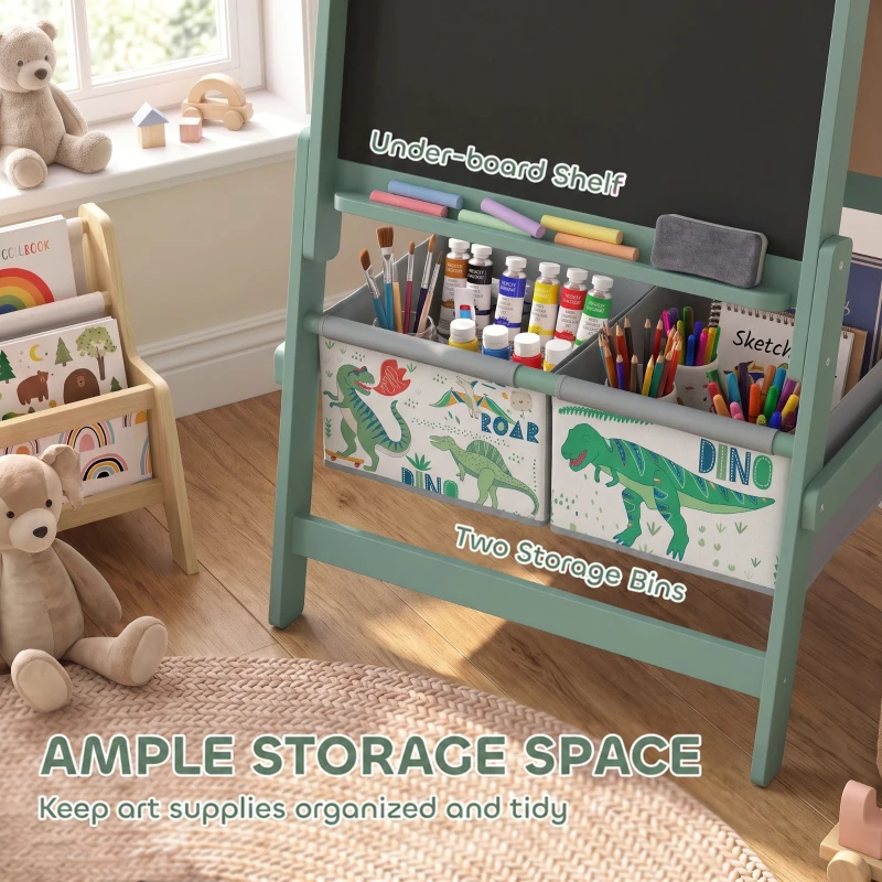 Qaba Art Easel for Kids, 3-in-1 Double-Sided Kids Easel with Chalkboard, Whiteboard, Paper Roll, 2 Storage Bins for 3-8, Green