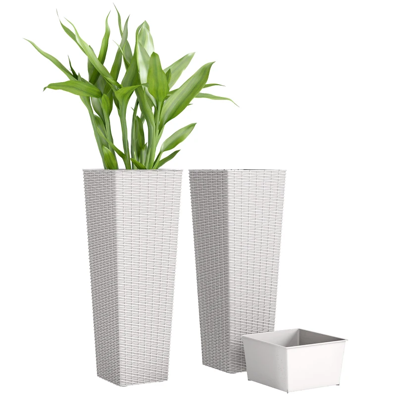 Outsunny 32 Inch Tall Planters for Outdoor Plants, Set of 2 Plastic Flower Pots with Drainage Holes, White
