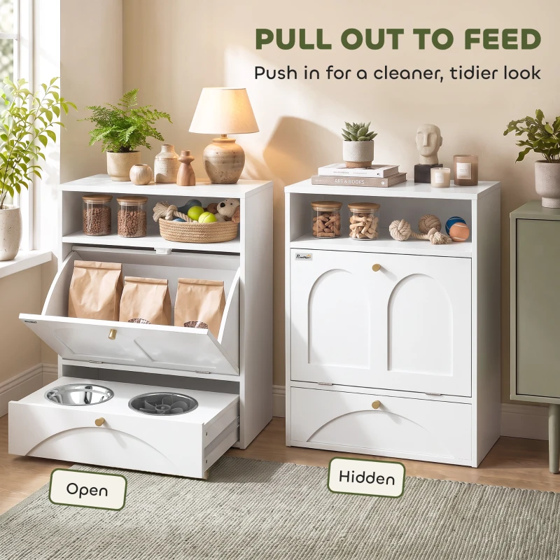 PawHut Dog Feeding Station, Dog Food Storage Cabinet with 2 Elevated Bowls, Tilt-Out Cabinet and Storage Shelf, White