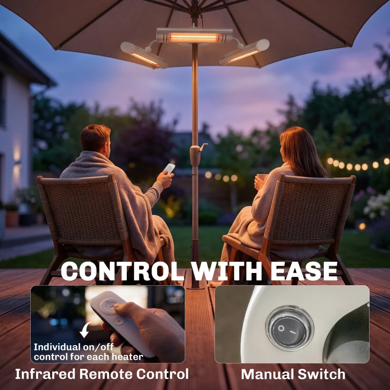 Outsunny Electric Patio Heater with 3 Heating Panels and Ultra-low Glare, Aluminum Alloy Parasol Heater with Infrared Remote Control for Garden Pergola Gazebo Umbrella, Silver